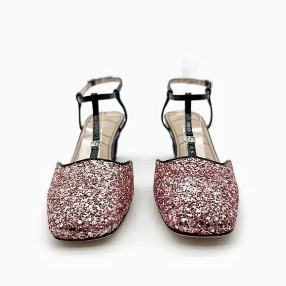 GUCCI Pink Glitter T-Strap Embellished Size 37.5 US 7.5 Leather GG Marmont - Picture 8 of 14